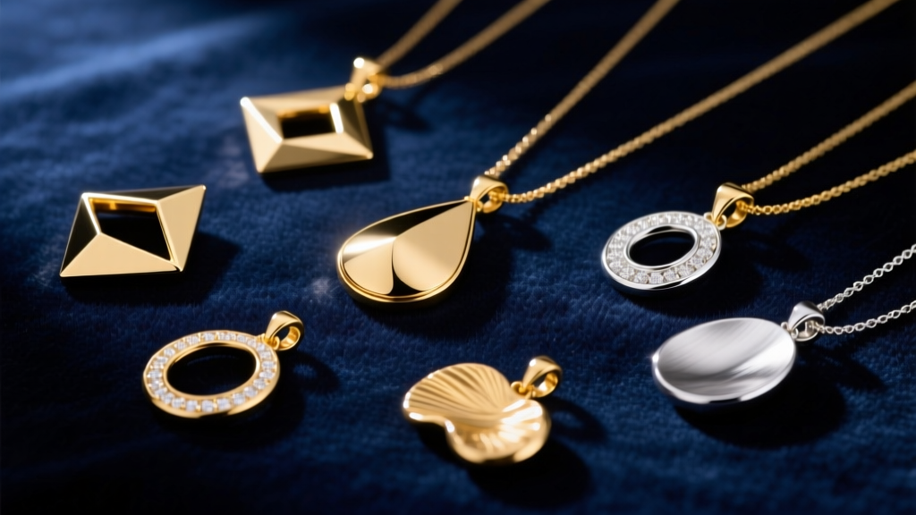 Flat lay of gold and silver pendants in geometric, teardrop, and organic shapes on dark velvet under soft studio lighting.