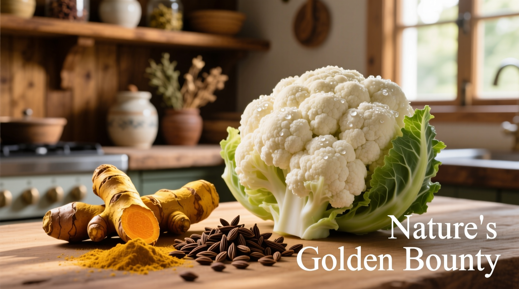 Golden turmeric and cumin spices next to fresh cauliflower