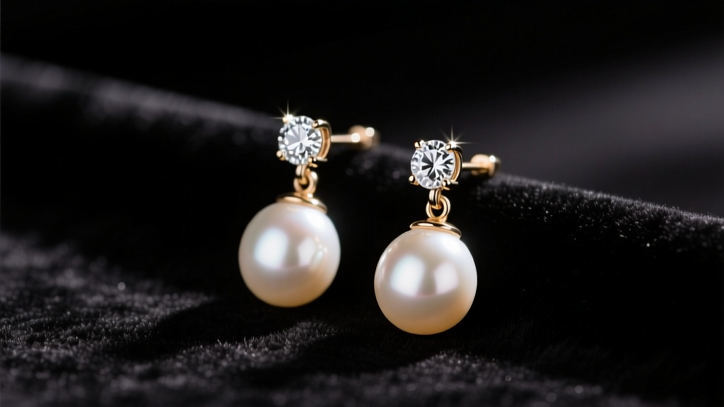 Close-up of elegant pearl drop earrings with diamond caps resting on dark velvet, illuminated by soft, warm gallery lighting.