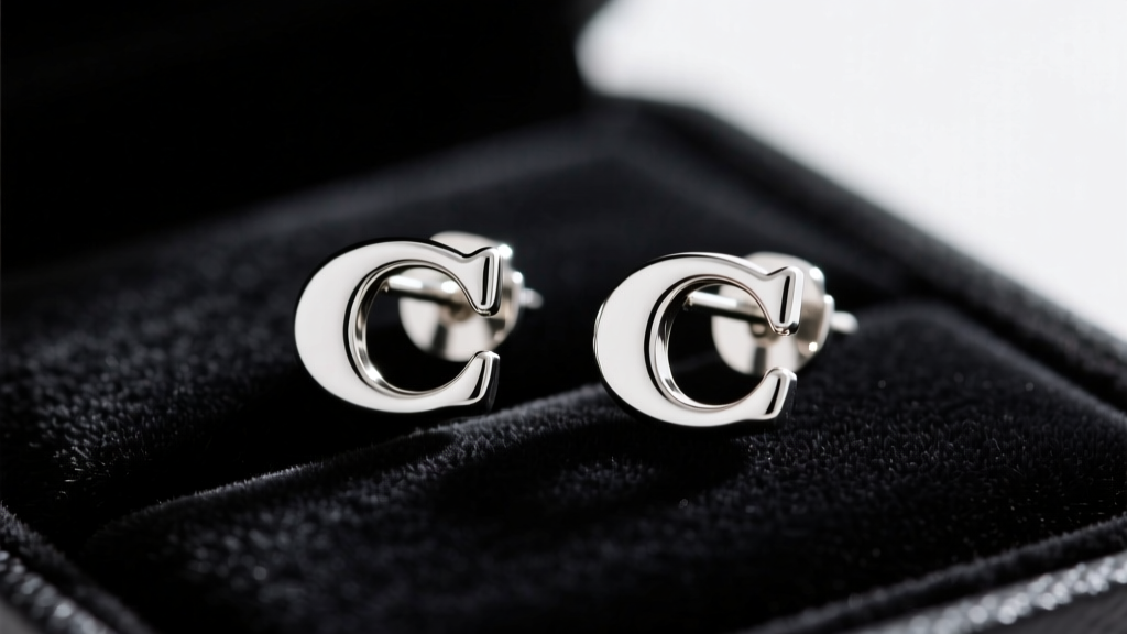 Macro photography of authentic sterling silver Coach stud earrings on black velvet, highlighting the crisp C logo hallmark.