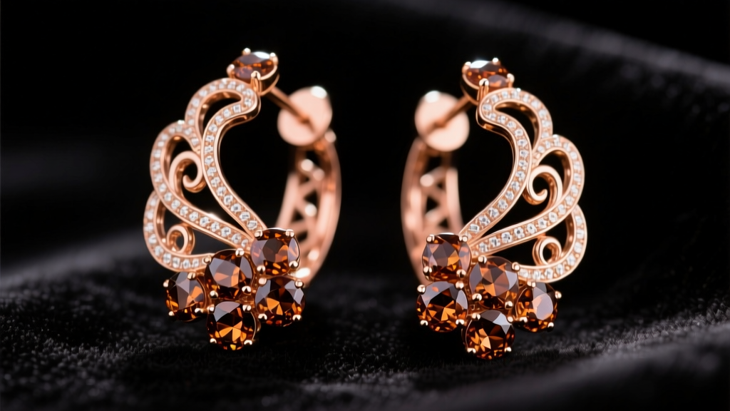 Macro photo of Pomellato Arabesque earrings showing 18k rose gold lacework and pave brown diamonds on a dark velvet background