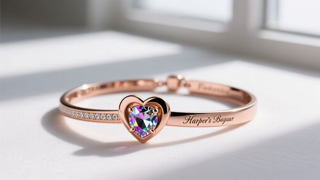 Rose gold heart friendship necklace with a bezel-set birthstone and custom laser-engraved initials on the polished reverse side.