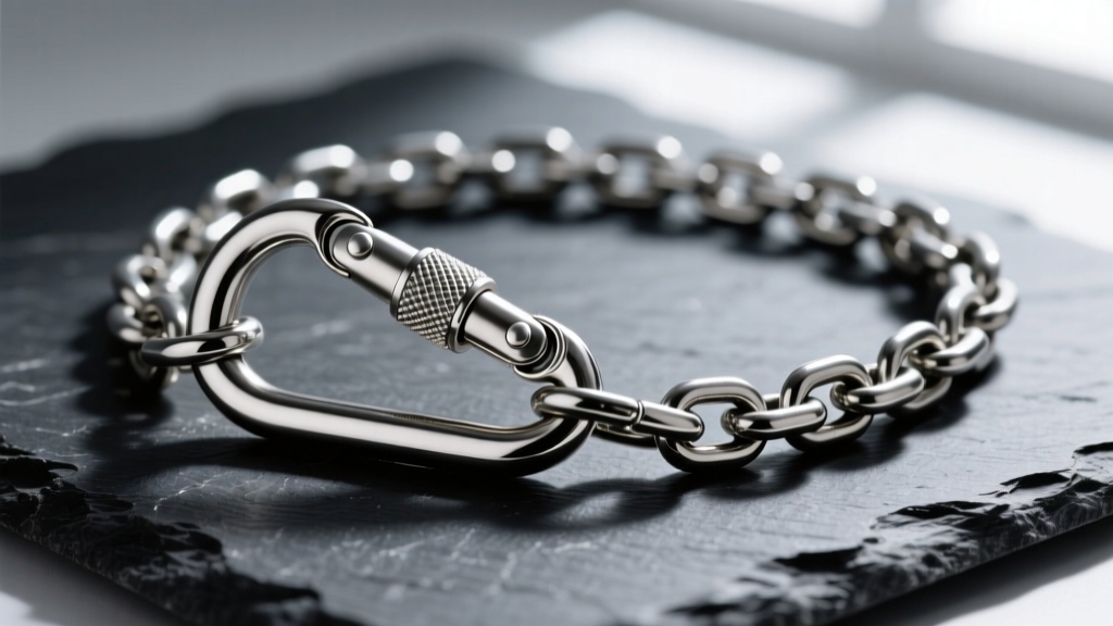 Close-up of a steel carabiner chain necklace on dark slate, showing the spring-loaded gate mechanism and thick matte chain links.