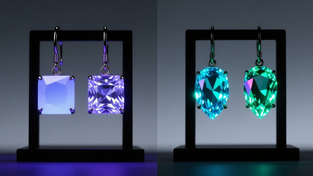 Split-screen comparison of cloudy cubic zirconia trap house earrings next to brilliant moissanite stones under a UV blacklight