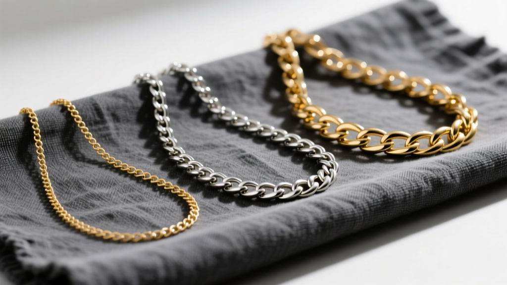 Flat lay of three fluid 14k gold and silver chain link chokers of varying gauges resting on textured charcoal linen fabric