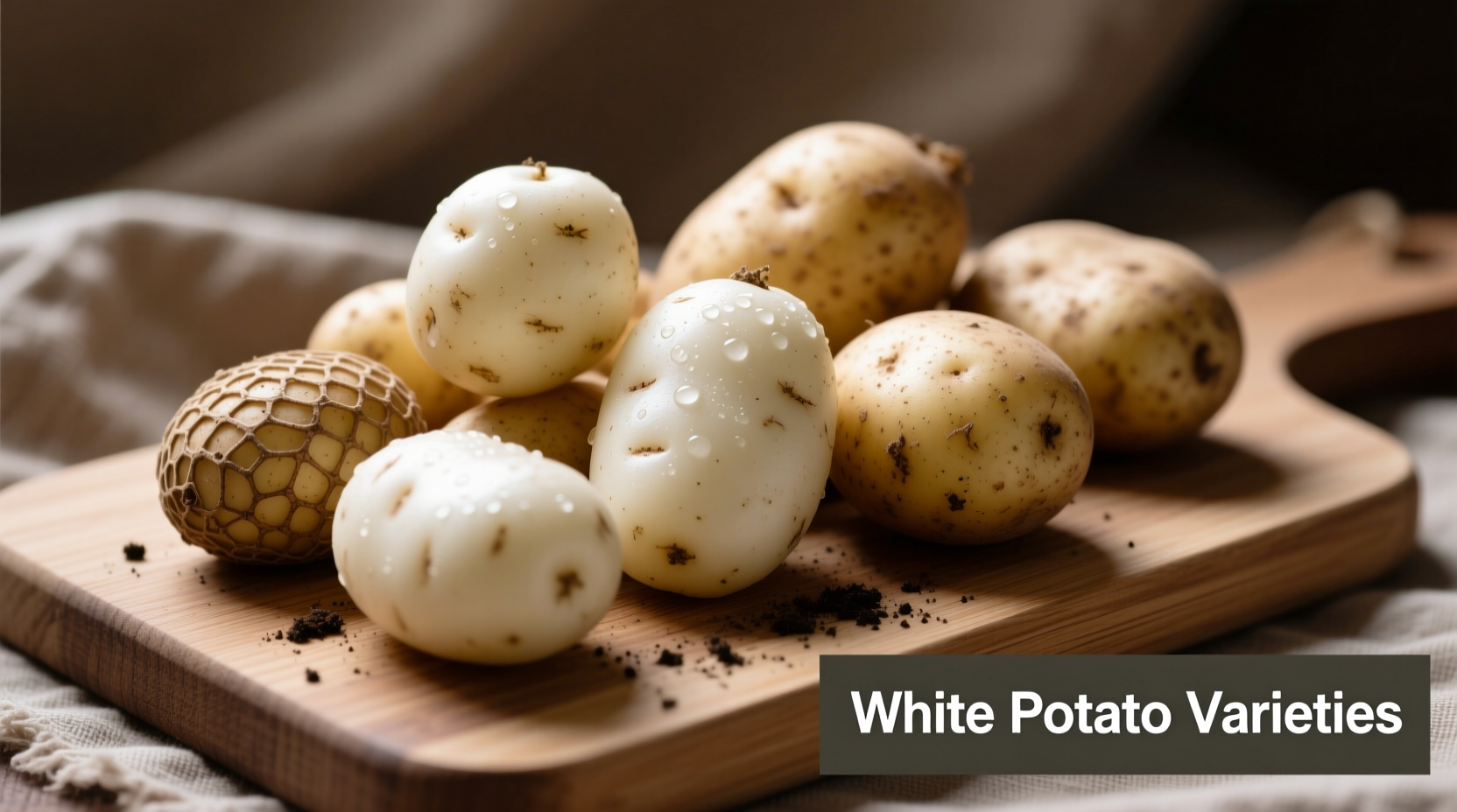 White potato varieties showing different shapes and skin textures