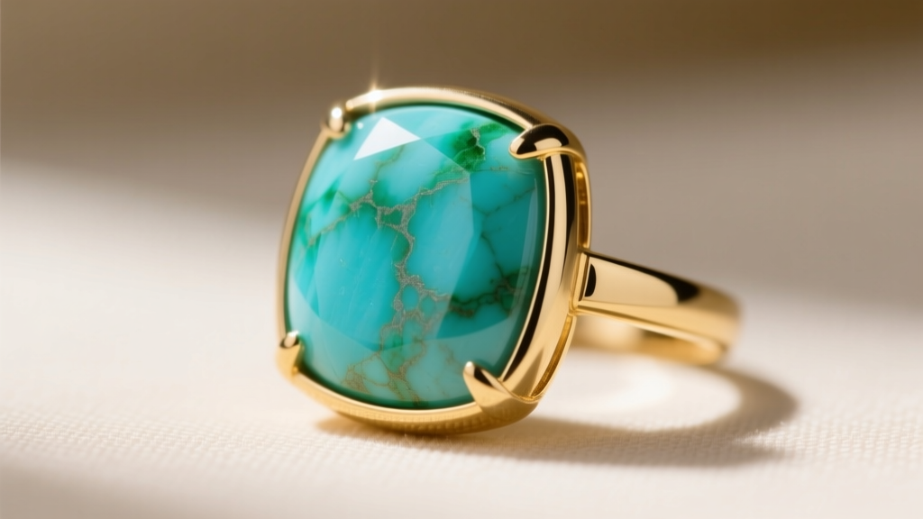 Turquoise stone in a gold bezel showing green discoloration from skin oils near the metal edge, photographed in bright daylight