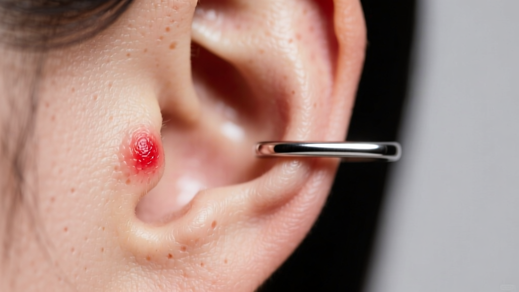 Macro shot of an earlobe with a red irritation bump beside a titanium flat-back earring under soft clinical lighting.