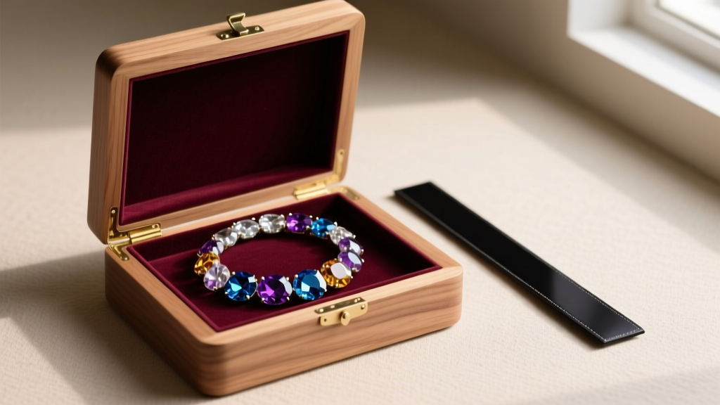 Wooden jewelry box displaying a coiled crystal necklace stored in a velvet compartment beside a small dark anti-tarnish strip