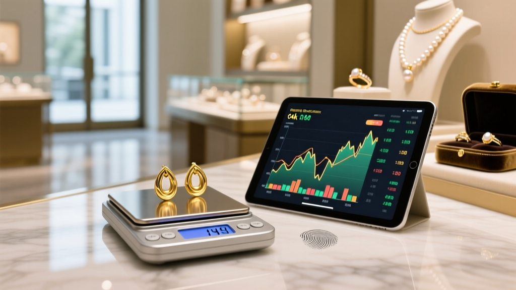Digital scale weighing 14k gold stud earrings next to a tablet displaying live gold spot price charts in a bright jewelry shop.