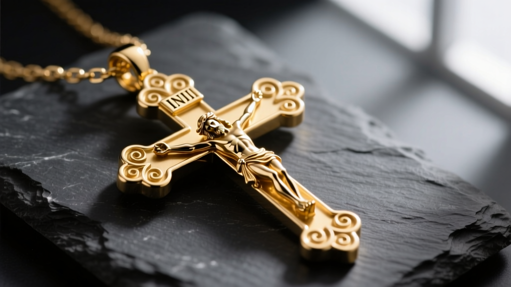 Macro shot of an 18k gold INRI cross necklace on dark slate, soft lighting highlighting the engraved scroll and corpus details.