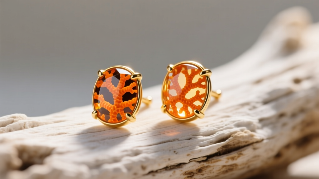 Macro photography of vibrant orange bamboo coral cabochon studs set in 14k yellow gold bezels, resting on raw white driftwood