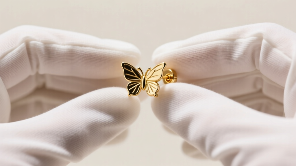Gloved hands carefully holding a 20-gauge gold stud earring with a stuck butterfly friction back under bright clinical lighting