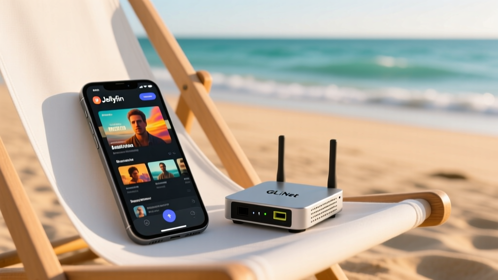 Smartphone screen displaying a Jellyfin media server interface streaming a movie while resting on a beach chair next to a compact GL.iNet travel router