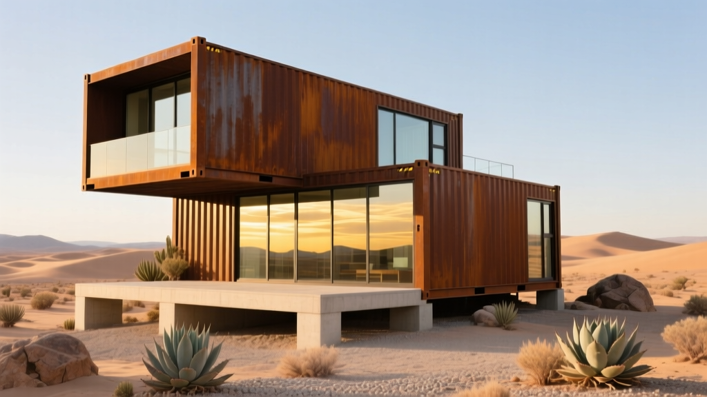 Modern two-story shipping container house with Corten steel siding, large glass windows, and a concrete pier foundation surrounded by desert landscaping