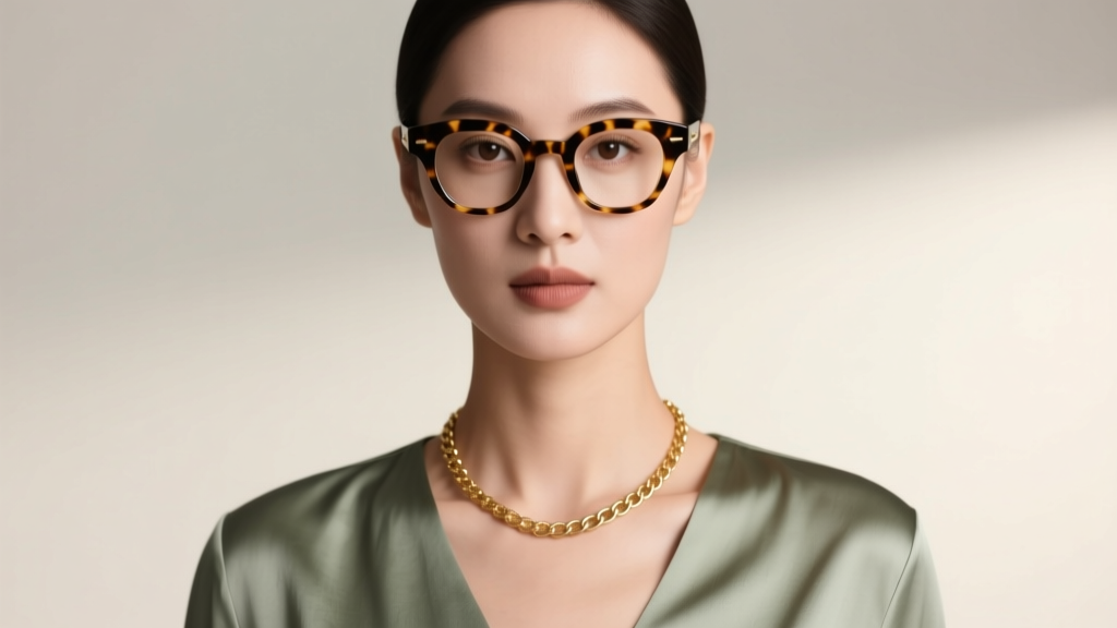 Woman wearing tortoiseshell glasses attached to a gold-filled eyeglasses necklace, soft studio lighting, elegant front angle.