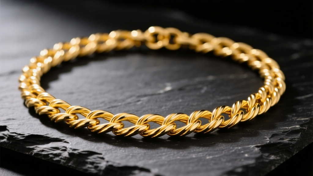 Close-up of a 24k gold rope chain necklace on dark slate, highlighting the rich yellow luster and soft metallic sheen.