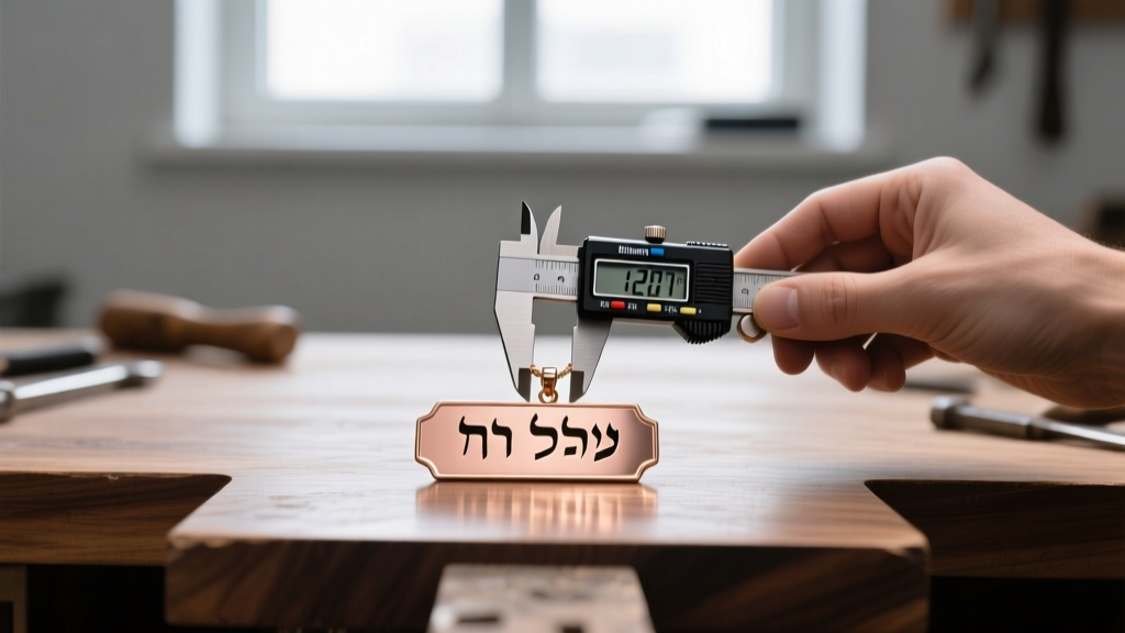 Jeweler using digital calipers to measure the 1.2mm thickness of an 18-gauge rose gold Hebrew nameplate pendant on a workbench.