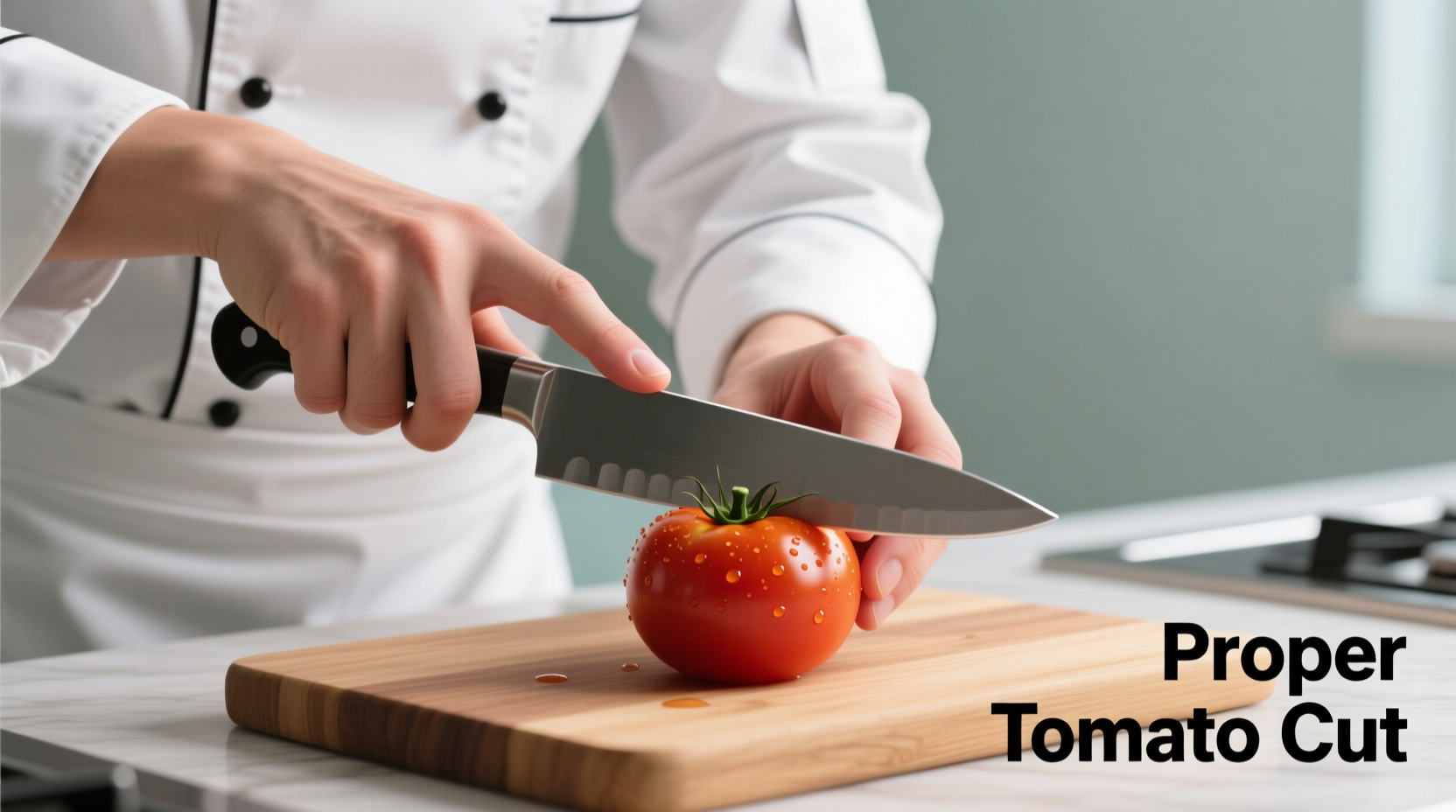 Chef demonstrating proper tomato cutting hand position