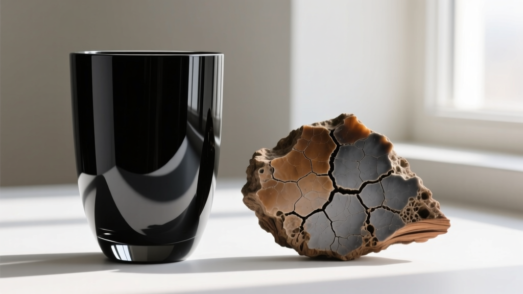 Black glass imitation next to genuine fossilized jet, contrasting sharp glassy reflection with soft, porous organic wood texture