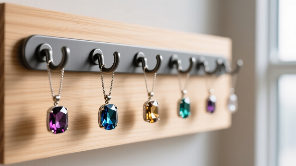 Close-up of powder-coated steel hooks on a wooden wall mount jewelry organizer, holding heavy gemstone pendant necklaces securely.