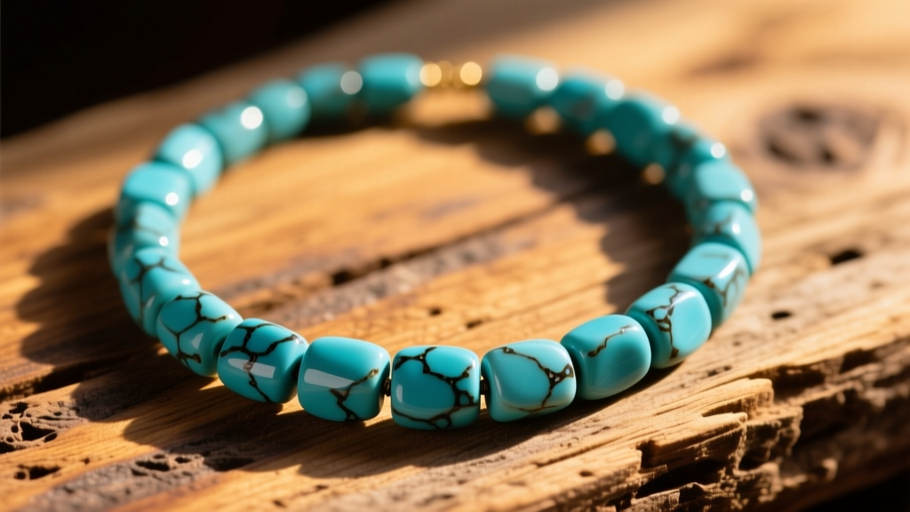 Vintage turquoise heishi necklace on distressed wood, featuring irregular sky-blue beads with dark matrix in warm golden sunlight.