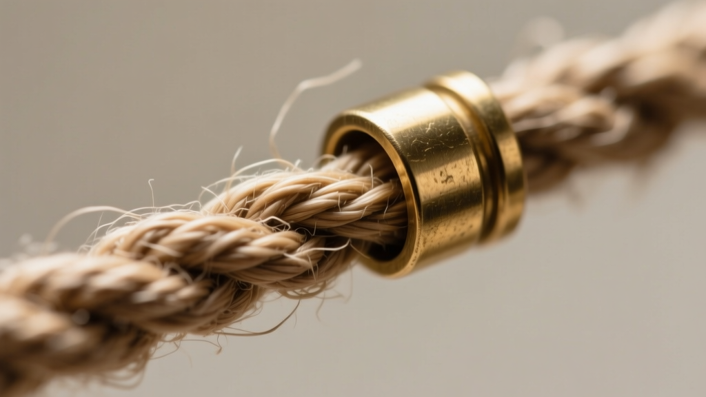 Close-up of 1mm natural 4-ply hemp cord pulled through a brass crimp end, showing twisted fiber texture and tight weave detail