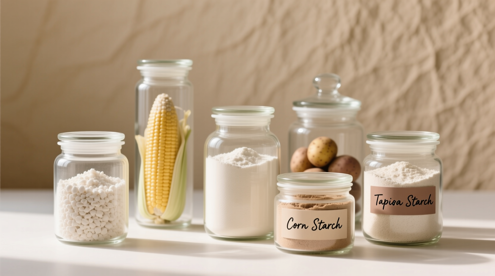 Various starch substitutes in glass jars