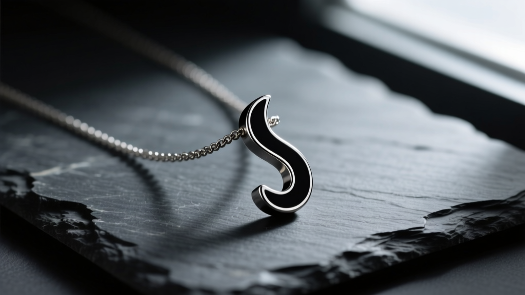 Close-up of a steel semicolon necklace with a matte black finish, resting on dark slate under moody, dramatic side lighting.