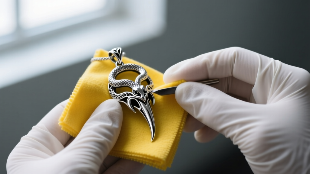 Hands in nitrile gloves polishing a silver fang pendant with a yellow microfiber cloth, avoiding the darkened gothic crevices.