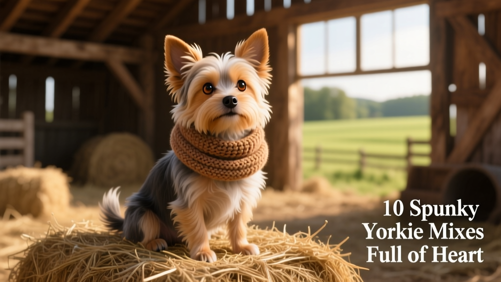 Chorkie, Chihuahua Yorkie mix, sitting on hay bale wearing a scarf