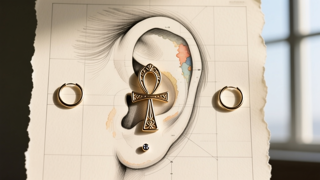Ear curation map showing an ankh earring as the focal lobe piece, with huggies and a tragus stud, sketched on textured paper.