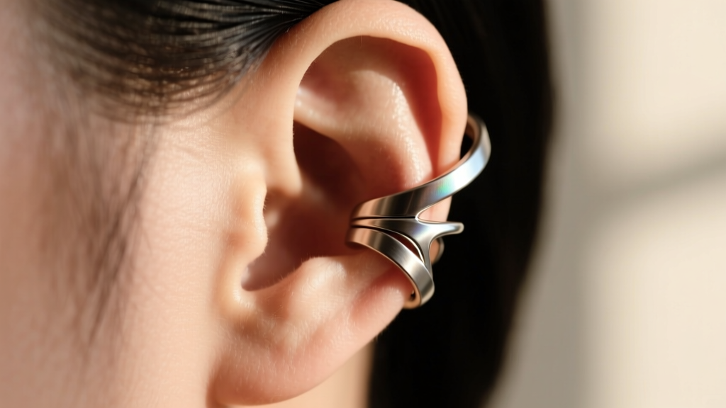 Close-up of 20-gauge titanium tree ear cuff wrapping around upper cartilage, highlighting tension fit and brushed metal finish