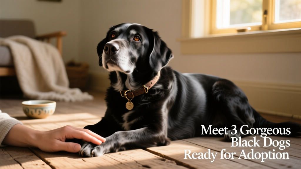 A gentle, older black dog resting calmly beside a person's hand, gazing upward with soft eyes