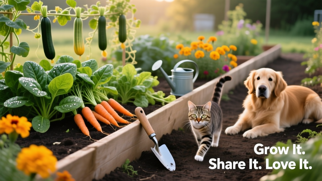 A tidy 4x6 ft raised bed garden featuring carrots, spinach, zucchini, and marigolds blooming at the edges