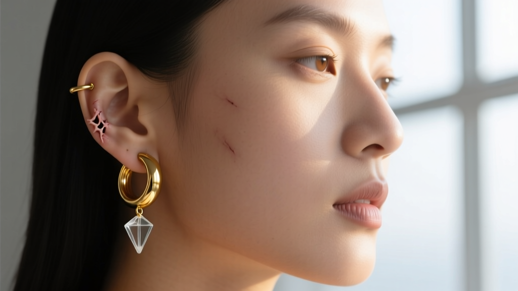 Profile of a model wearing a 14k gold conch hoop and a glass ear weight, highlighting the anatomy of a healed cartilage piercing.