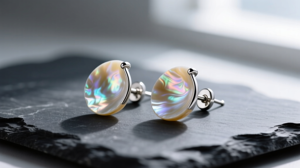 Macro shot of iridescent mother of pearl shell earrings on dark slate, showing nacre layers and silver posts in soft light.
