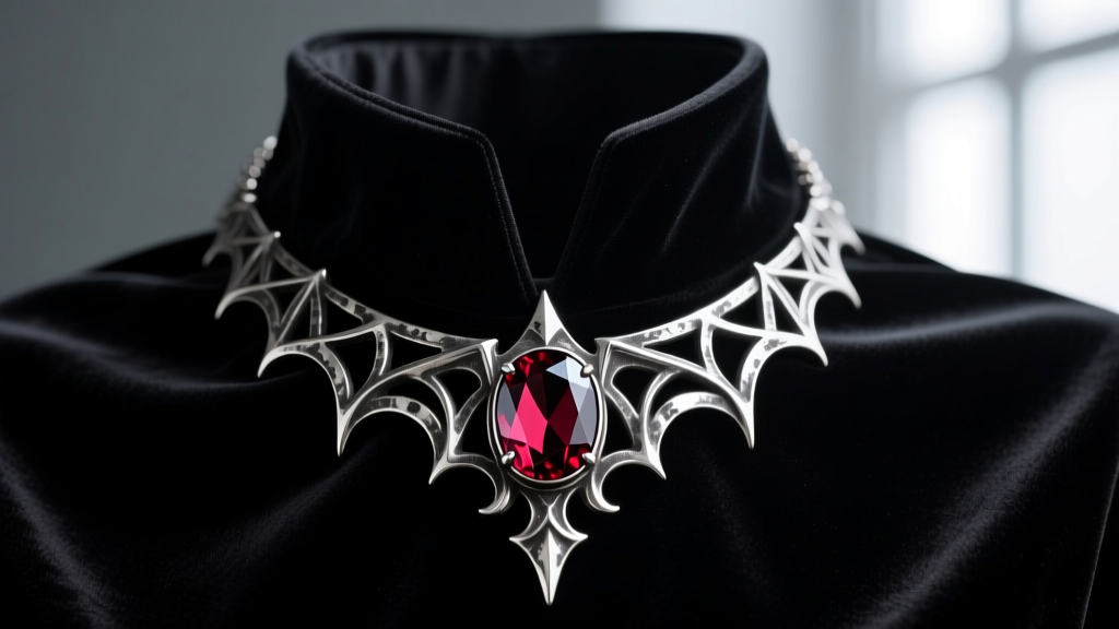 A dark oxidized silver Dracula necklace with a high collar and a faceted almandine garnet gemstone resting on black velvet fabric
