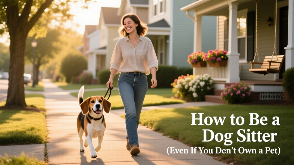 A friendly dog sitter walking a relaxed Beagle on a sunny neighborhood street, both smiling