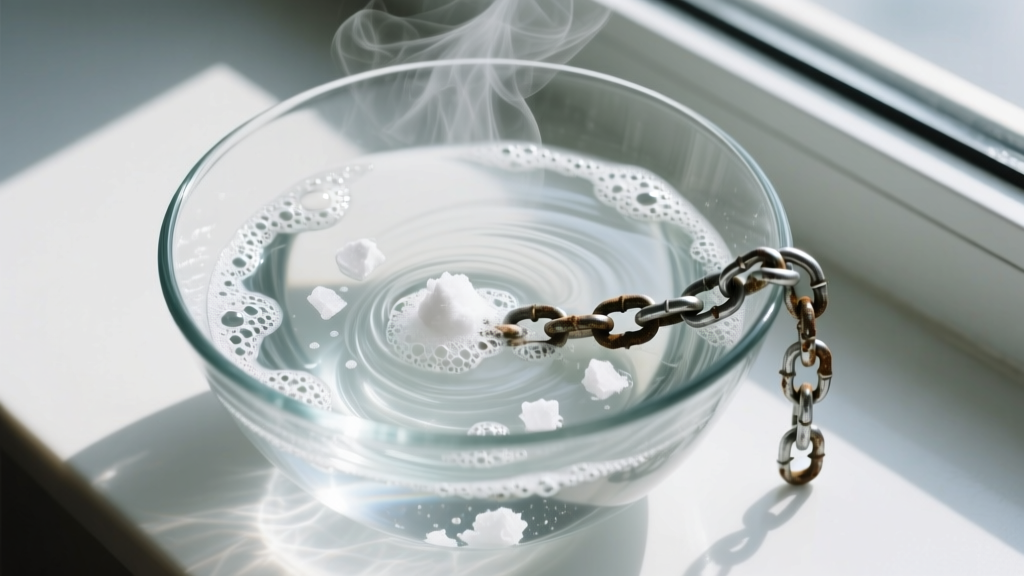 Overhead view of a glass bowl lined with aluminum foil, bubbling hot water, baking soda, and a submerged tarnished silver chain