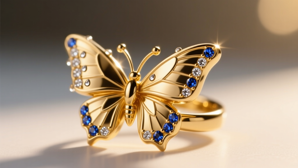 Macro shot of 16-gauge gold ear cuff shaped like a folded moth, featuring tiny pavé-set sapphires along the wing edges in daylight
