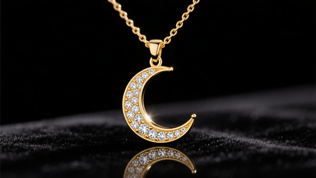 Macro photography of a celestial-themed 14k gold necklace featuring a crescent moon pendant with pave diamonds against dark velvet