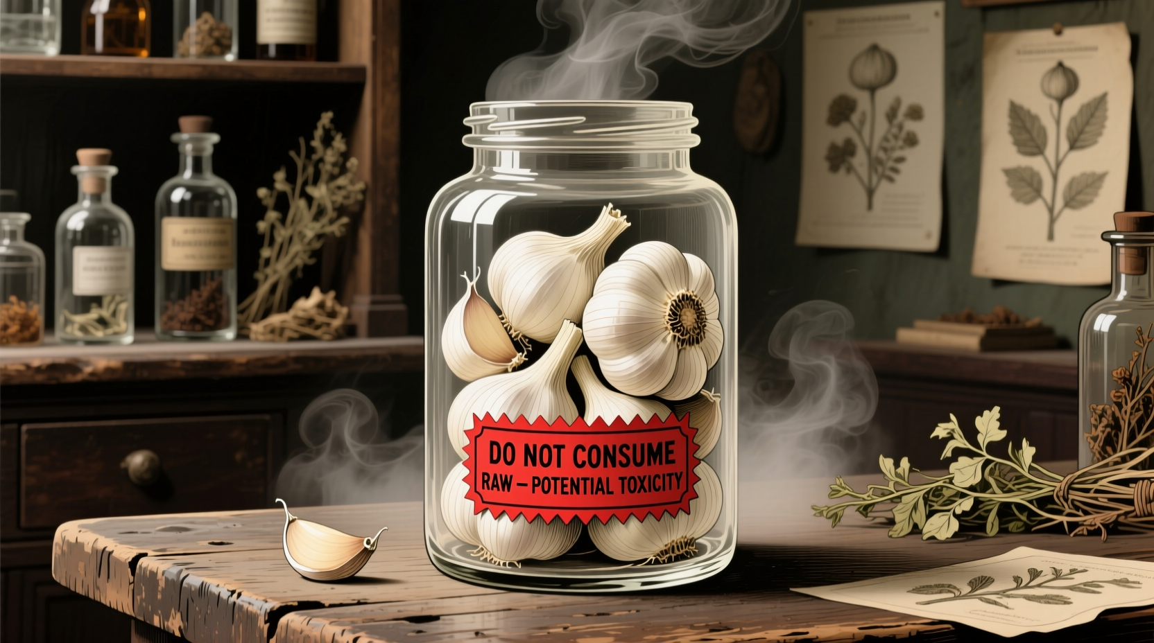 Garlic cloves in glass jar with safety warning