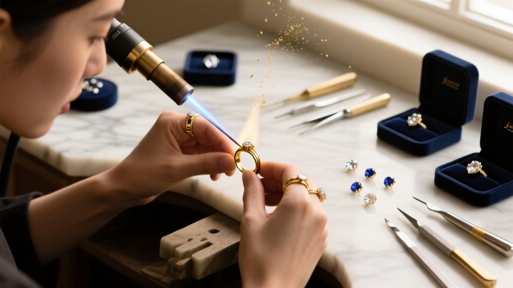 Overhead view of a jeweler's bench showing 22-gauge wire spools, bead caps, and finished wire wrapped rose quartz drop earrings.