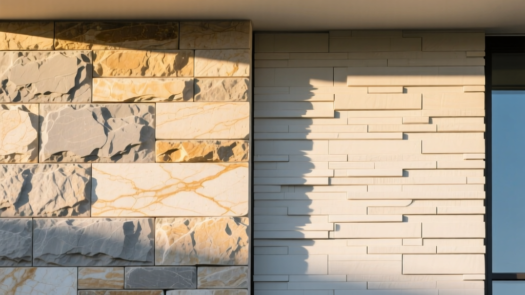 Exterior wall showing natural limestone veneer on the left and manufactured stacked stone veneer panels on the right in sunlight