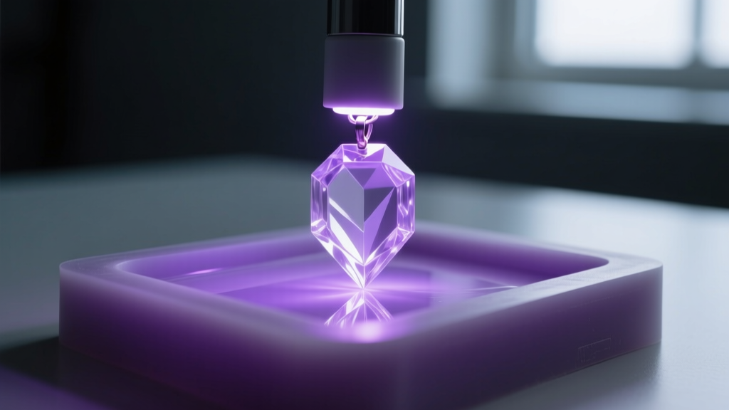 A small UV LED lamp curing a transparent resin pendant inside a silicone bezel mold, emitting a soft purple glow in a dim room.