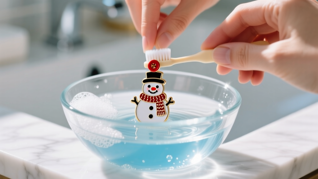 Hands gently brushing a festive snowman enamel stud earring with a soft baby toothbrush and soapy water in a clear glass bowl.