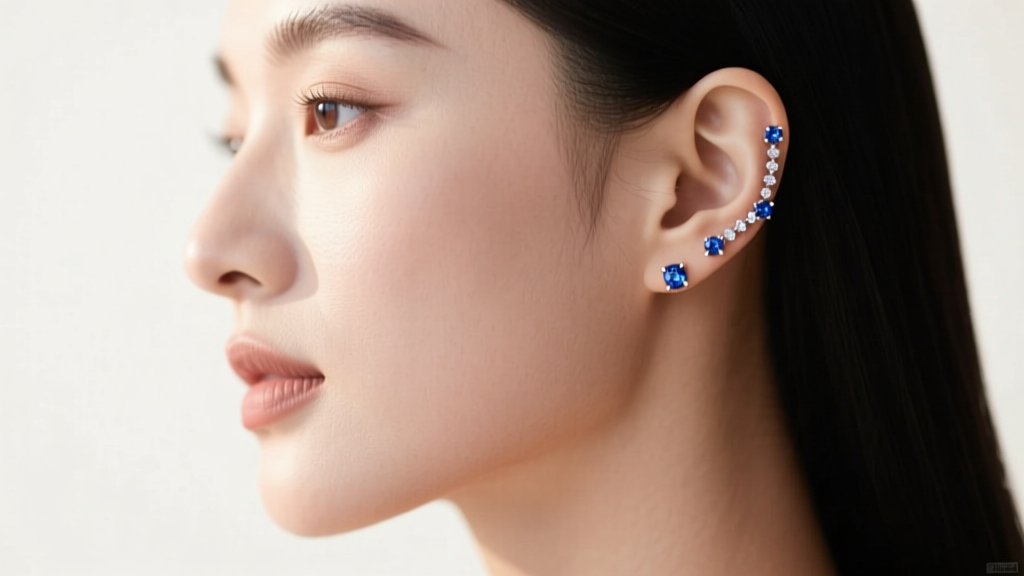Profile portrait of a woman showing a curated ear constellation featuring tiny bezel-set sapphire studs in the helix and tragus.