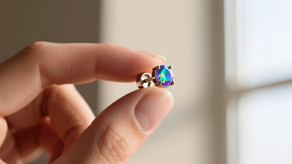 Close-up of a hand holding a 16-gauge implant-grade titanium threadless flat back earring with a small bezel-set opal gemstone.