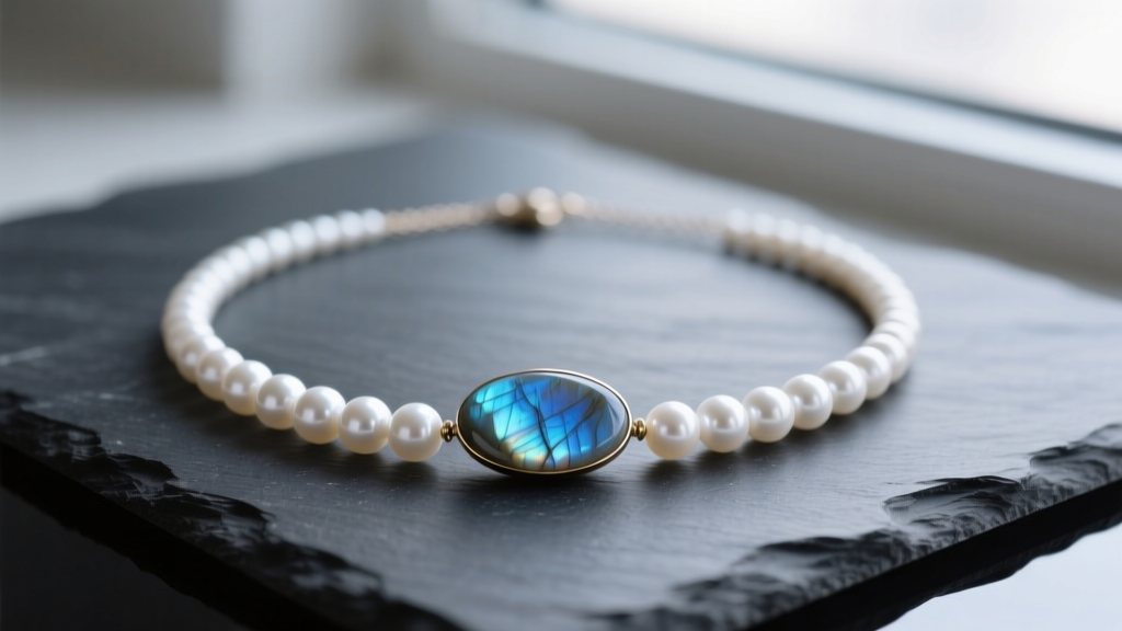 Elegant flat lay of a labradorite and pearl necklace on dark slate, highlighting blue schiller and lustrous white freshwater pearl.